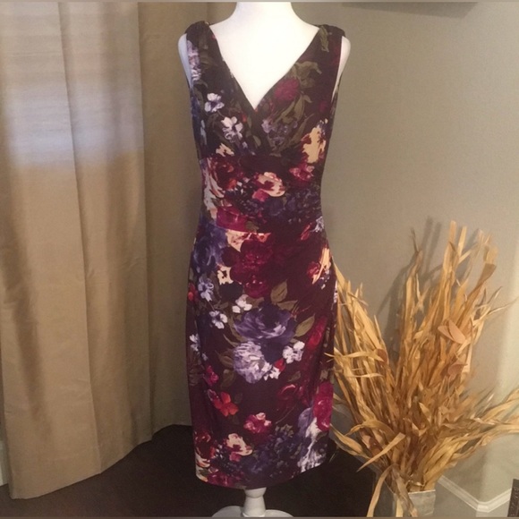Lauren Ralph Lauren Dresses & Skirts - Lauren Ralph Lauren Sheath Dress 14 Purple Floral V Neck Stretch Faux Wrap Midi